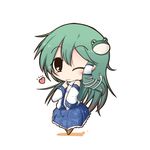  ;) brown_eyes chibi dekasudachin detached_sleeves frog_hair_ornament green_hair hair_ornament hair_tubes kochiya_sanae long_hair one_eye_closed skirt smile snake solo touhou 