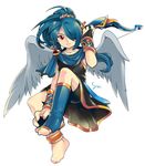  barefoot blue_hair bracer cosplay feet full_body inazuma_eleven inazuma_eleven_(series) kazemaru_ichirouta kid_icarus long_hair male_focus otoko_no_ko peadrins pit_(kid_icarus) pit_(kid_icarus)_(cosplay) ponytail red_eyes smile solo wings 