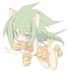  animal_ears animal_print bad_id bad_pixiv_id blade_(galaxist) cat_ears cat_paws cat_tail cham_cham gloves green_eyes green_hair lowres paw_gloves paw_shoes paws samurai_spirits shoes simple_background snk solo tail tiger_print translation_request 