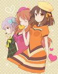  asahina_mikuru beret bow breasts brown_eyes brown_hair cleavage closed_eyes dress fashion grey_hair hair_bow hat heart highres kinokosuke long_hair multiple_girls nagato_yuki short_hair small_breasts striped striped_dress suzumiya_haruhi suzumiya_haruhi_no_yuuutsu 