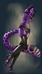  boots feline female heels kavi latex leopard mammal plain_background purple purple_body purple_clothing rubber snow_leopard solo stripper tail teeth 