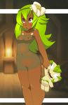  amalia_sheran_sharm blush breasts brown_eyes dark_skin doll green_hair indoors navel nightgown nipples pussy sadida see-through uncensored wakfu 