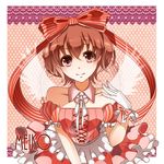 bare_shoulders brown_eyes brown_hair character_name collarbone detached_collar frills gloves hair_ribbon meiko nou ribbon short_hair smile solo vocaloid 