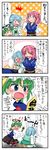  3girls 4koma arm_over_shoulder blue_eyes blue_hair comic emphasis_lines expressive_clothes green_hair hair_bobbles hair_ornament highres multiple_girls onozuka_komachi pink_hair rod_of_remorse shiki_eiki sleeves_past_wrists star starry_background sweatdrop tatara_kogasa touhou translated two_side_up yuzuna99 