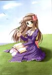  2003 bistro_cupid bistro_cupid_2 book bow braid brown_hair celery_periwinkle cloud clover crown_braid day dress four-leaf_clover full_body grass green_eyes hair_bow highres kneeling long_hair official_art pandaki_(aki) pantyhose pink_bow purple_dress scan sky smile solo two_side_up white_legwear 