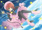  boots brown_hair cardcaptor_sakura ceru dress earth full_body gloves green_eyes hat hoshi_no_tsue kinomoto_sakura pantyhose pink_gloves pink_hat short_hair solo space wand 