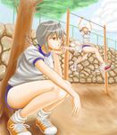  bad_id bad_pixiv_id bared_teeth breasts breath buruma closed_eyes cloud day grey_hair horizontal_bar legs long_hair medium_breasts multiple_girls open_mouth orange_hair original ponytail pullups shirt shoes sneakers socks squatting sweat t-shirt takon34 tree yellow_eyes 