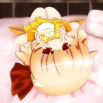 bad_id bad_pixiv_id blonde_hair bow cocozasa cosplay cure_peace cure_peace_(cosplay) double_v hair_ribbon highres lying on_back precure ribbon rumia short_hair skirt smile smile_precure! solo touhou upside-down v victory_pose yellow_bow yellow_skirt 
