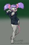  anthro big_breasts big_ears breasts cleavage clothed clothing eric_schwartz eyewear female glasses hair hand_on_hip looking_at_viewer mammal miniskirt monochrome mouse office_lady pen pigtails pinup plain_background pose purple_hair rodent skirt solo standing tail voluptuous white_background wynne_patton 