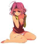  bad_id bad_pixiv_id bare_legs barefoot blush breasts cleavage face fingerless_gloves fire_emblem fire_emblem:_seima_no_kouseki full_body gloves headband highres large_breasts looking_at_viewer naso4 neimi no_pants panties panty_pull pink_eyes pink_hair short_hair simple_background sitting solo tears toes underwear undressing wariza wavy_mouth white_background white_panties 