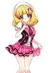  bad_id bad_pixiv_id blonde_hair blush eyelashes flower hairband kise_yayoi necktie plaid plaid_skirt precure rose short_hair simple_background skirt skirt_hold smile smile_precure! solo white_background white_hairband yellow_eyes yukiwo 