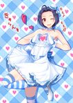  :d ahoge bare_shoulders blue_hair choker dress frills hat heart heart_hands high_heels highres idolmaster idolmaster_(classic) leg_up miura_azusa moe_moe_kyun! one_eye_closed open_mouth red_eyes ribbon shoes short_hair smile solo striped striped_legwear thighhighs translated yuki_usagi_(mofurafu) 