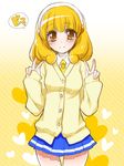  blonde_hair blush cardigan double_v eyelashes hairband heart heart_background kise_yayoi nanairogaoka_middle_school_uniform necktie precure school_uniform short_hair skirt smile smile_precure! solo usamirui v white_hairband yellow_background yellow_eyes 