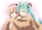  aqua_eyes aqua_hair blanket blush closed_eyes hairband hatsune_miku hijiki_(hijikini) hug hug_from_behind long_hair megurine_luka multiple_girls pink_hair shared_blanket sketch smile twintails vocaloid yuri 