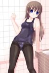  bathing bathroom black_legwear blue_eyes brown_hair copyright_request long_hair one-piece_swimsuit pantyhose pantyhose_under_swimsuit school_swimsuit skindentation solo swimsuit thighband_pantyhose tsukino_neru wet wet_clothes 