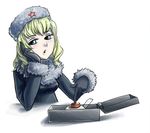  blonde_hair blue_eyes blush drill_hair fur gloves hat launch open_mouth personification red_button russia russia-onee-sama star white_skin 