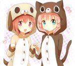  :d akaza_akari animal_costume aqua_eyes buttons cat_costume dog_costume holding_hands multiple_girls open_mouth pajamas pink_hair purple_eyes red_hair smile torotoro yoshikawa_chinatsu yuru_yuri 