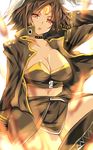  1girl 70s breasts brown_hair cleavage female highres jacket large_breasts midriff navel oldschool open_clothes personification ragekusama_(pixiv) red_eyes short_hair skirt solo ultra_series ultraman_(1st_series) zetton 