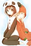  animal_costume back-to-back black_hair blonde_hair brown_eyes buttons closed_eyes funami_yui multiple_girls pajamas panda_costume saliva sleeping tomato_costume torotoro toshinou_kyouko yuru_yuri 