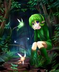  blue_eyes boots fairy forest green_footwear green_hair green_hairband hairband hands_on_own_cheeks hands_on_own_face long_sleeves nature navi pointy_ears saria short_hair shorts sitting sitting_on_tree_stump the_legend_of_zelda the_legend_of_zelda:_ocarina_of_time tree tree_stump youzu 