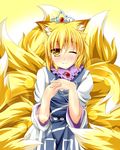  ;) animal_ears bad_id bad_pixiv_id blonde_hair blush dress fox_ears fox_tail highres kmkm9696 multiple_tails one_eye_closed short_hair smile solo tail tiara touhou yakumo_ran yellow_eyes 