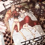  barefoot bed black_hair black_rock_shooter black_rock_shooter:_innocent_soul black_rock_shooter_(character) blanket blue_eyes camisole checkered checkered_floor closed_eyes colorized dead_master horns long_hair lying multiple_girls navel off_shoulder on_bed panties pillow pink_panties rika-tyan sleeping star stuffed_animal stuffed_toy suzuki_sanami table teddy_bear underwear very_long_hair wings 