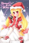  blonde_hair christmas gift gloves hat holding long_hair naik original red_eyes santa_hat solo 
