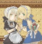  ahoge artoria_pendragon_(all) behind_back black_ribbon blue_dress blush box dress dual_persona fate/stay_night fate_(series) gift gift_box heart heart_hands looking_at_viewer maid maid_headdress multiple_girls puffy_short_sleeves puffy_sleeves ribbon saber saber_alter short_sleeves tyokopan 