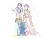  1girl bouquet bridal_veil brown_hair closed_eyes couple doraemon doraemon_(character) dress elbow_gloves flower formal glasses gloves hair_ornament hetero jewelry minamoto_shizuka necklace neutral_14 nobi_nobita older short_hair smile suit tail tears translated veil wedding_dress 