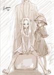  2girls bolt capelet family father_and_daughter franken_fran glasgow_smile hand_on_head hat head_out_of_frame height_difference hoshinokaoru labcoat long_hair madaraki_fran madaraki_naomitsu madaraki_veronica monochrome multiple_girls pantyhose siblings sisters sitting sketch stitches younger 