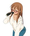  brown_hair closed_eyes dark_skin denim eating ehoumaki food fukuoka_katsumi glasses hinata_(fukuoka_katsumi) jeans long_hair makizushi original pants setsubun sexually_suggestive solo sushi 