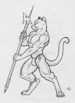  anklet bikini clothed clothing cougar digitigrade ear_piercing earring feline fighting_stance iisaw male mammal muscles pencil piercing plain_background polearm skimpy sling_bikini solo swimsuit weapon white_background 