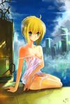  absurdres ahoge artoria_pendragon_(all) blonde_hair breasts dress dress_pull fate/stay_night fate_(series) green_eyes highres nipples off_shoulder panties panty_pull saber small_breasts solo summercards sundress underwear 