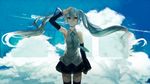 aqua_eyes aqua_hair arm_up bad_id bad_pixiv_id bird cloud condensation_trail day detached_sleeves floating_hair gou_(tomero) hatsune_miku long_hair necktie salute skirt sky smile solo thighhighs twintails very_long_hair vocaloid 