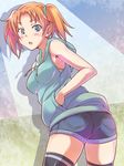  ass bare_shoulders bent_over black_legwear blue_eyes denim e20 hand_in_pocket hood hood_down hoodie looking_back nakano_minori open_mouth orange_hair original short_hair short_shorts short_twintails shorts sleeveless solo sweater thighhighs twintails 