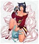  ahri animal_ears bad_id bad_pixiv_id breasts cleavage detached_sleeves facial_mark fish fizz_(league_of_legends) fox_ears fox_tail korean_clothes large_breasts league_of_legends long_hair multiple_tails nephlite slit_pupils tail tongue tongue_out whisker_markings 