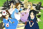  absurdres akiyama_mio alice_in_wonderland alternate_hairstyle animage board_game braid chess chess_piece cup food highres hirasawa_yui horiguchi_yukiko k-on! k-on!_movie kotobuki_tsumugi macaron multiple_girls nakano_azusa official_art oversized_object saucer scan tainaka_ritsu teacup teapot twin_braids 