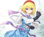  alice_margatroid bangs black_gloves blonde_hair blue_dress blue_eyes bow capelet dress fingerless_gloves gloves hairband highres jewelry kiyoichi_(acacia_soukyoukai) looking_at_viewer ribbon ring sash short_hair solo string touhou 