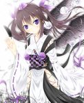  bad_id bad_pixiv_id black_wings breasts brown_hair detached_sleeves feathers hair_ribbon hat highres himekaidou_hatate kourindou_tengu_costume mayuzumi_makiha obi purple_eyes ribbon sash scabbard sheath short_hair small_breasts solo tokin_hat touhou twintails wings 