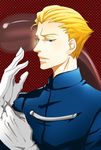  adjusting_clothes adjusting_gloves ahoge blonde_hair blue_eyes fate/zero fate_(series) gloves kayneth_el-melloi_archibald male_focus mercury sagazoe solo volumen_hydragyrum white_gloves 