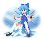  :d black_footwear blue_eyes blue_hair blue_skirt bottle bow cirno hair_bow holding holding_spoon ice kneehighs large_bow mary_janes open_mouth puffy_sleeves ruu_(tksymkw) shoes sitting skirt smile solo spoon syrup touhou v-shaped_eyebrows white_legwear 