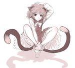  animal_ears balancing bare_legs barefoot bloomers cat_ears cat_tail chen feet hat kuro_suto_sukii monochrome multiple_tails pink short_hair sketch smile soles solo spread_toes tail toes touhou underwear 