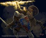  armor dark_souls full_armor helmet lightning multiple_boys shield signature solaire_of_astora souls_(from_software) sun_(symbol) sword watermark weapon web_address 