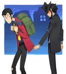  arsene_lupin_iii backpack bad_id bad_pixiv_id bag beard black_hair blush facial_hair hat jacket jigen_daisuke lupin_iii male_focus multiple_boys necktie red_jacket toujou_sakana yaoi yellow_neckwear 