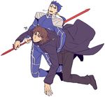  2boys bangs blue_hair brown_eyes brown_hair carrying carrying_under_arm cross cross_necklace earrings fate/stay_night fate_(series) flat_color gae_bolg jewelry kotomine_kirei lancer long_hair male_focus multiple_boys necklace parted_bangs pauldrons polearm ponytail red_eyes spear weapon 