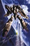  battle cloud flying gunpod highres macross macross_zero mecha motion_blur no_humans ocean official_art realistic scan science_fiction tenjin_hidetaka u.n._spacy variable_fighter vf-0 vf-0a wings 