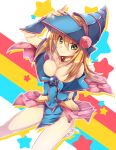  1girl bare_shoulders blonde_hair blush blush_stickers boots breasts choker cleavage dark_magician_girl duel_monster green_eyes hand_on_headwear hat highres jyon104 large_breasts long_hair looking_at_viewer pentacle smile solo wizard_hat yu-gi-oh! yuu-gi-ou yuu-gi-ou_duel_monsters 