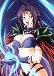  armlet blue_background blue_eyes breasts cape cleavage crystal_earrings diesel-turbo earrings gloves headband jewelry large_breasts long_hair magic multicolored multicolored_cape multicolored_clothes naga_the_serpent navel open_mouth purple_hair slayers solo 