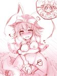  1girl blush bottomless breasts capelet embarrassed hat highres imminent_sex imminent_vaginal kazetto looking_at_viewer medium_breasts monochrome nagae_iku penis shawl short_hair sweat thought_bubble touhou 