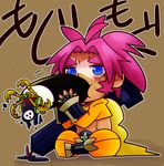  alternate_color arakune arc_system_works blazblue blazblue:_calamity_trigger blue_eyes brown_background chibi male male_focus ninja pink_hair ponytail scar shishigami_bang 